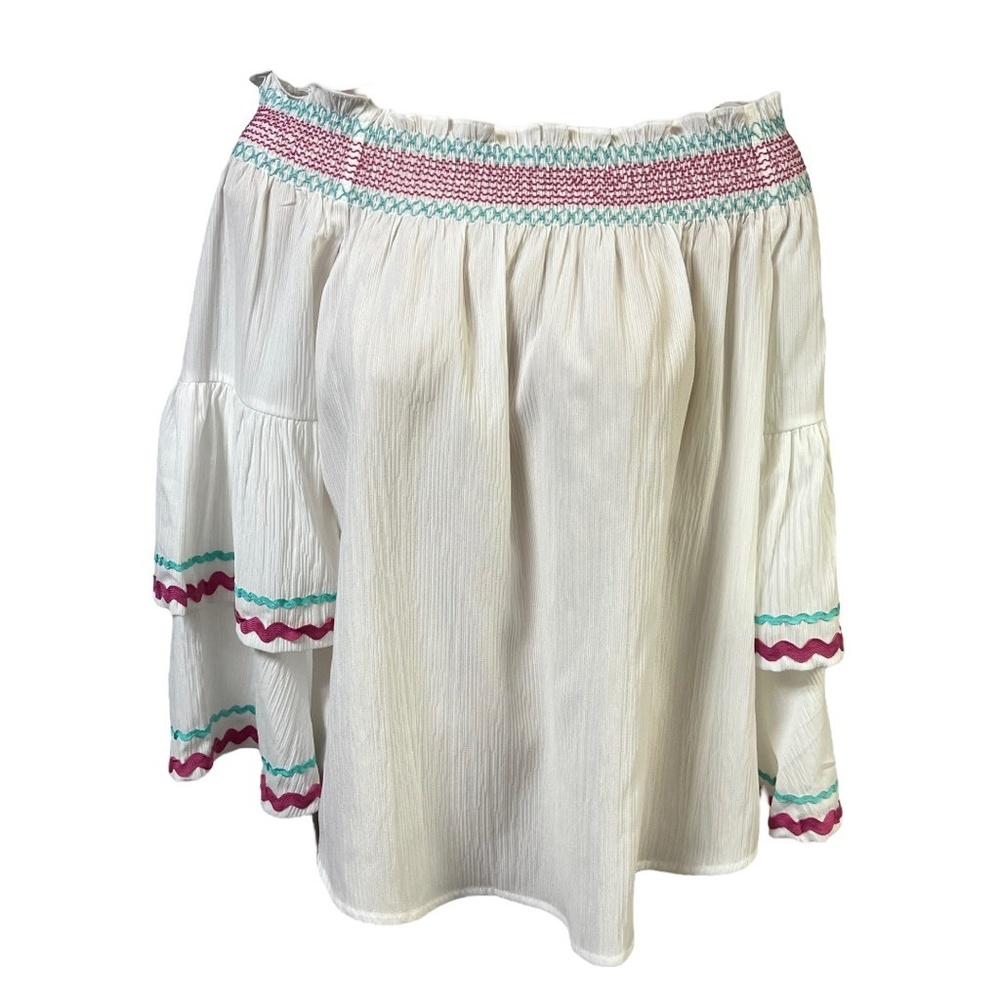 Entro Blouse S White Tiered Sleeve Off Shoulder Smocked Neck Crepe Boho Chic New - Picture 2 of 10